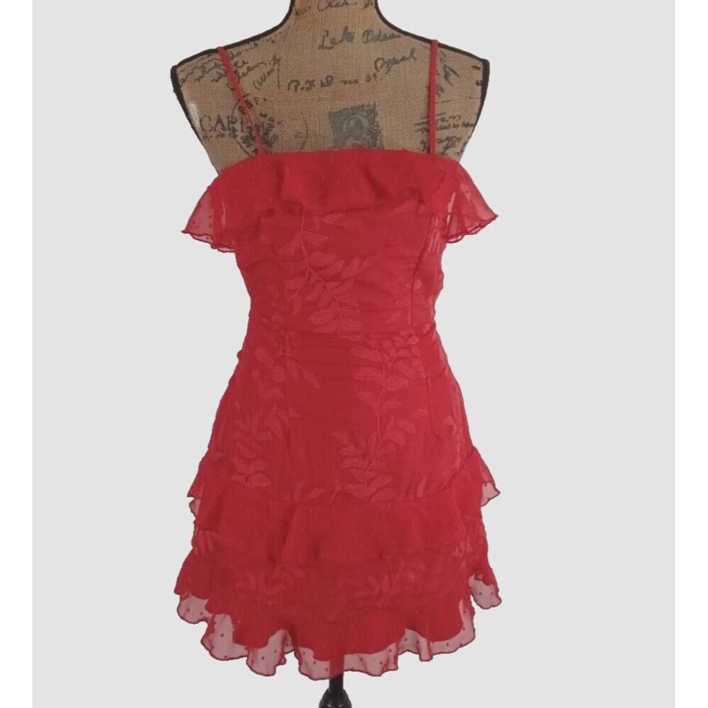 Saints + Secrets Red Ruffle Floral Dot Mini Dress Sz 10 Zip Adj Spaghetti Strap